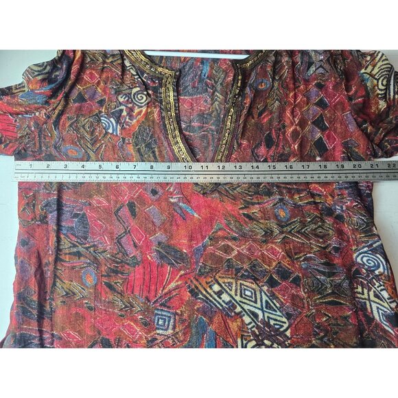 Chicos Red Boho V-Neck Beaded Tunic Top Size 2 Multicolor Lightweight 100% Rayon - Picture 5 of 5